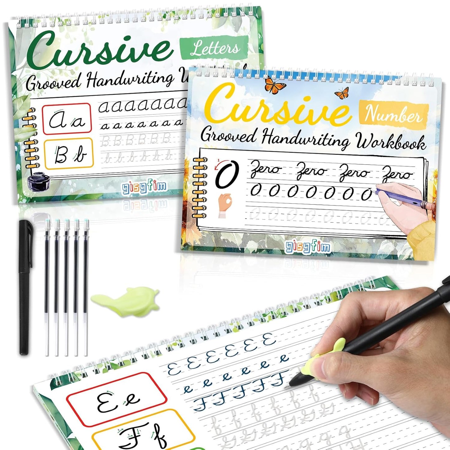 gisgfim 2 Pack Grooved Cursive Handwriting Workbook Magic Grooved Cursive Reusable Handwriting Practice with Disappearing Ink Pens Learning Activities Supplies (Jokes Riddles&Inspiring Quotes)