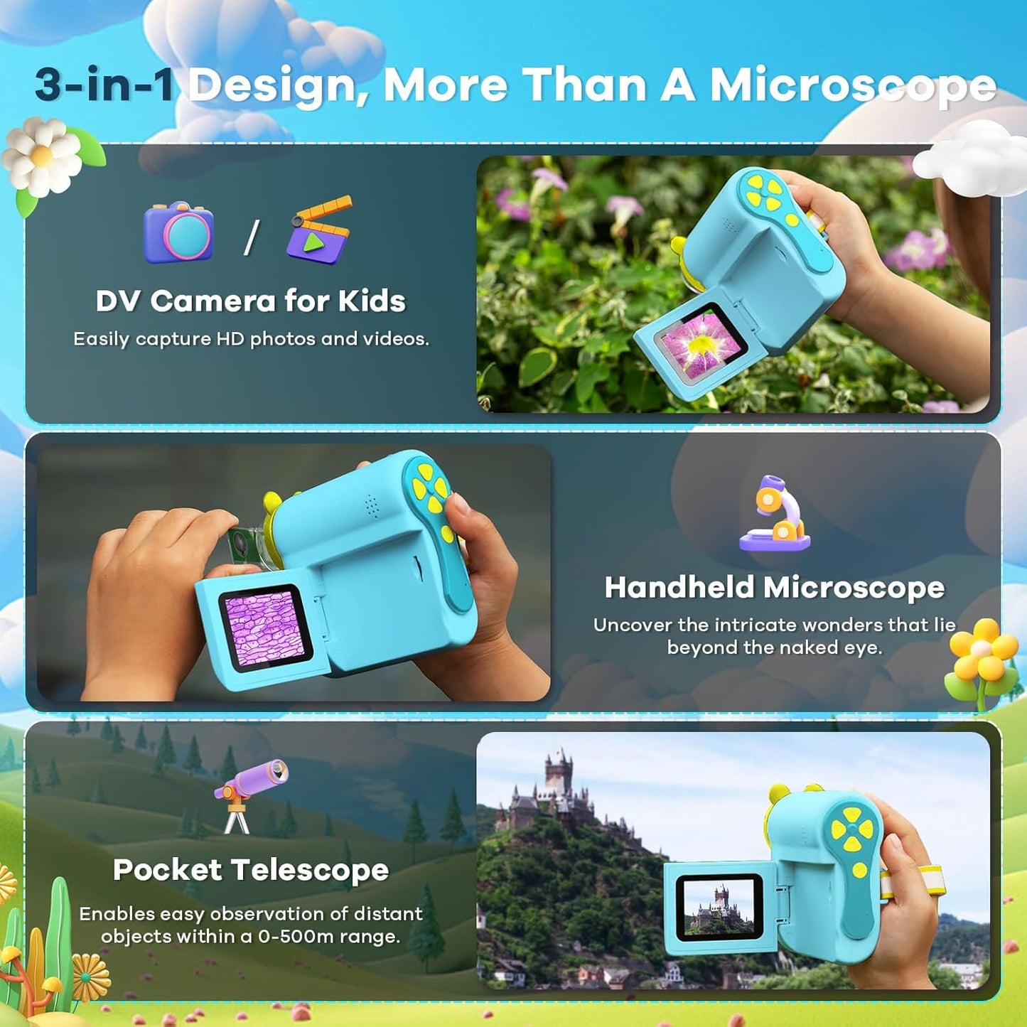 Hideal HP60 IPS Microscope for Kids: [Auto On & Off] [3-in-1] 2" Portable Handheld Microscope Miniscope, Pocket Mini Scope Educational Science Kit, Christmas Birthday Gifts for Kids, PC View, Pink