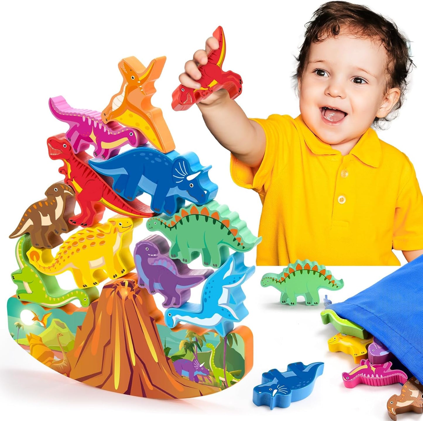 IPOURUP Dinosaur Toys for Kids 3-8 Kid Wooden Stacking Blocks Montessori Toy for 3 4 5 6 7 8 Year Old Boys Girls Christmas Birthday Gifts Toddler Balance Game Ages 3-5 Toys for Boy Girl Age 5-7