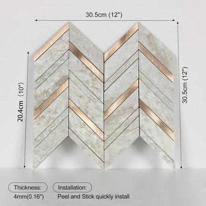 Yipscazo 10 Sheets Herringbone Backsplash Peel and Stick Tile, Marble Calacata Mixed Metal Gold PVC Stick on Backsplash for Kitchen, Waterproof Self Adhesive Wall Tile for Bathroom