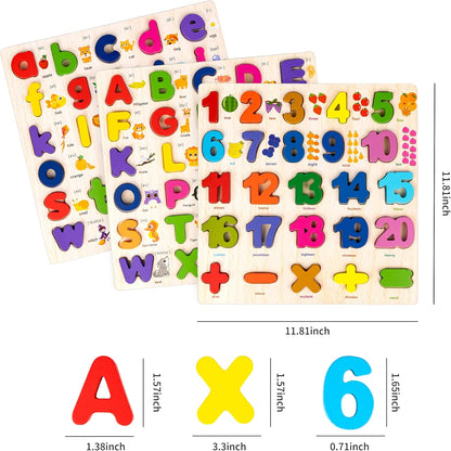 Wooden Alphabet Puzzle for Toddlers, 3 in 1 Lower Case Letter Puzzles ABC Uppercase & Lowercase & Number Puzzle Set for Preschoolers Kids Ages 3-5 Alphabet Learning Educational Toy