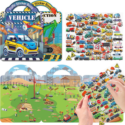 Elfew 2 Pack Puffy Sticker Books for Kids Ages 3-5, Construction Truck and Vehicle Car Stickers for Toddlers Boys, 3D Reusable Stickers Books for Toddlers, Activity Book for Boys Party
