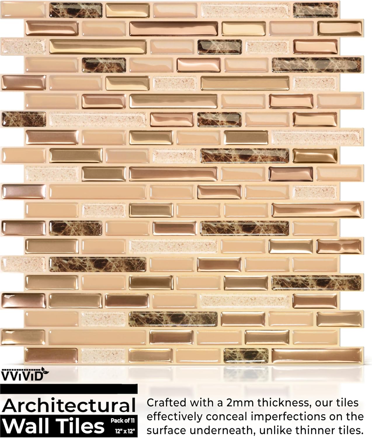 VViViD 11 Sheets Peel and Stick Grey Gloss Faux Ceramic Brick Wall Tiles, Self Adhesive Backsplash 12”x12”, 2mm Thick Kitchen, Bathroom (11 sq. ft.)