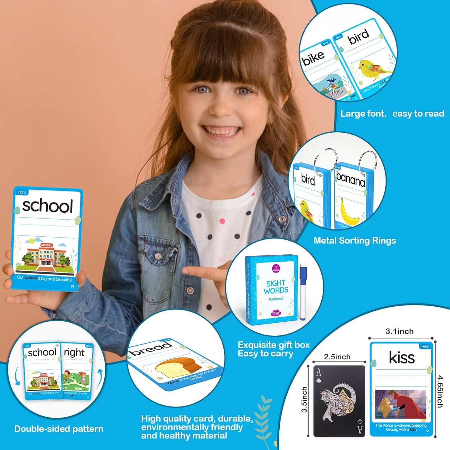 WJPC 55 Cards, 106PCS High Frequency First-Grade Sight Words Flash Cards, 1st Grade Phonics Learning Cards for 5,6,7,8 Years Ages Kids Boys, Girls Learn to Read, Write, Association, Sentence Making