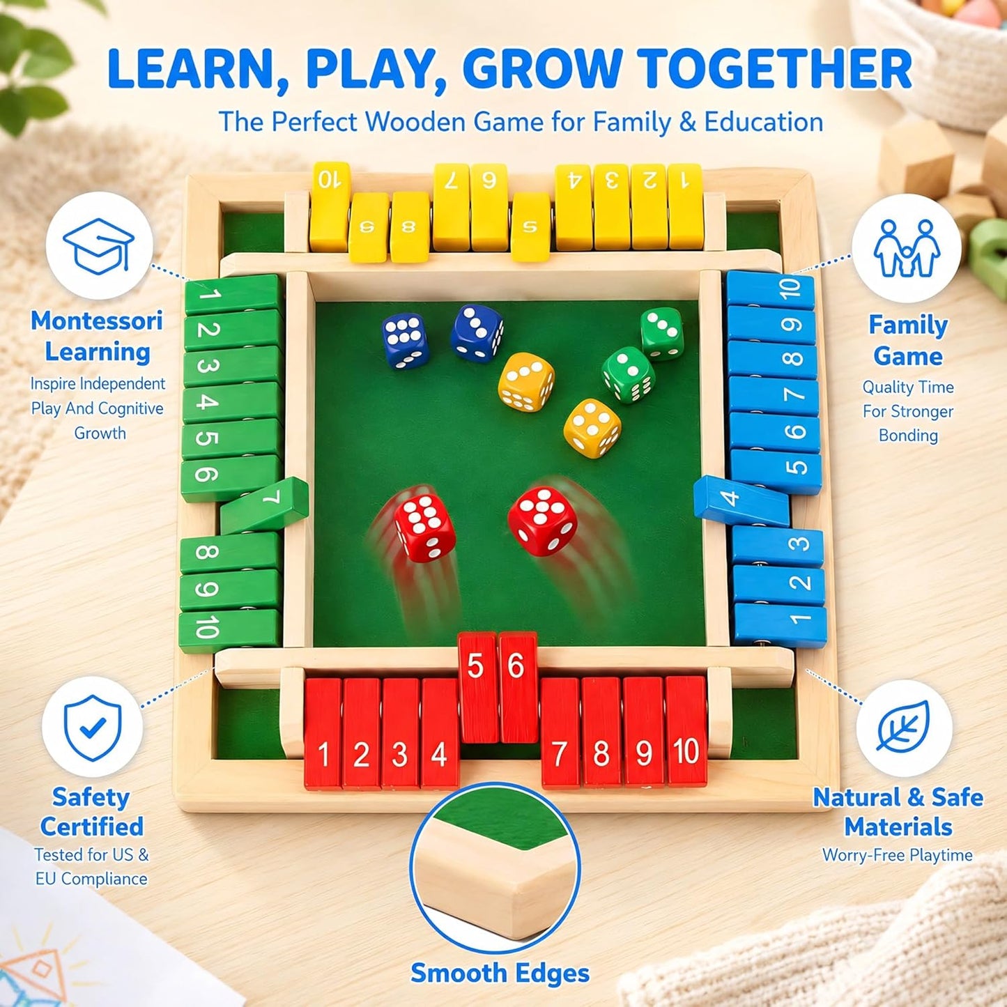 Shut The Box Game, Wooden Number Flip Board Dice Tabletop Toys for 2-4 Player, Math Educational Learning Tools for Kids Adults, Classic Pub Family Game Night Party Activity, Camping