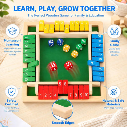 Shut The Box Game, Wooden Number Flip Board Dice Tabletop Toys for 2-4 Player, Math Educational Learning Tools for Kids Adults, Classic Pub Family Game Night Party Activity, Camping