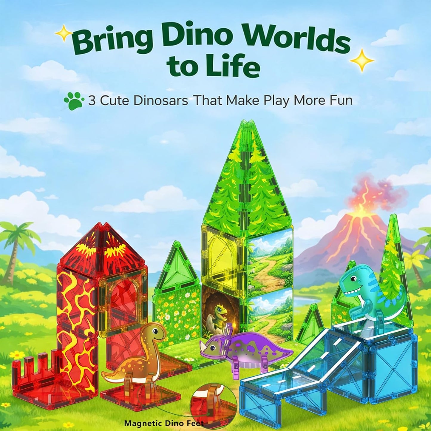 LATI Magnetic Tiles Dinosaur Building Set, Dino World Magnet Blocks with Double-Sided Egg Hatch Story, STEM Construction Toy for Kids Ages 3+, Educational Gift for Boys & Girls