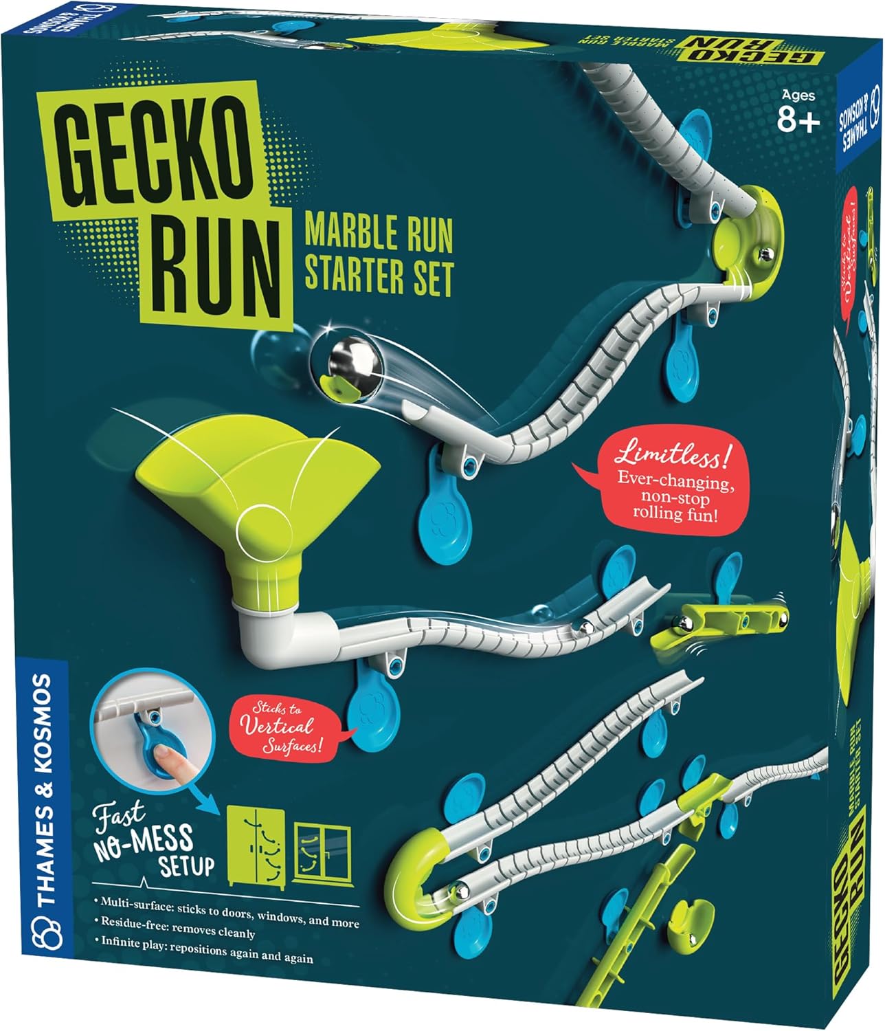 Gecko Run Marble Run Starter Set by Thames & Kosmos, Toy of the Year Winner - 63 Piece Vertical Marble Run, Flexible Tracks | Fast, No-Mess Setup, Residue-Free Nano-Adhesive Pads, Creative Play