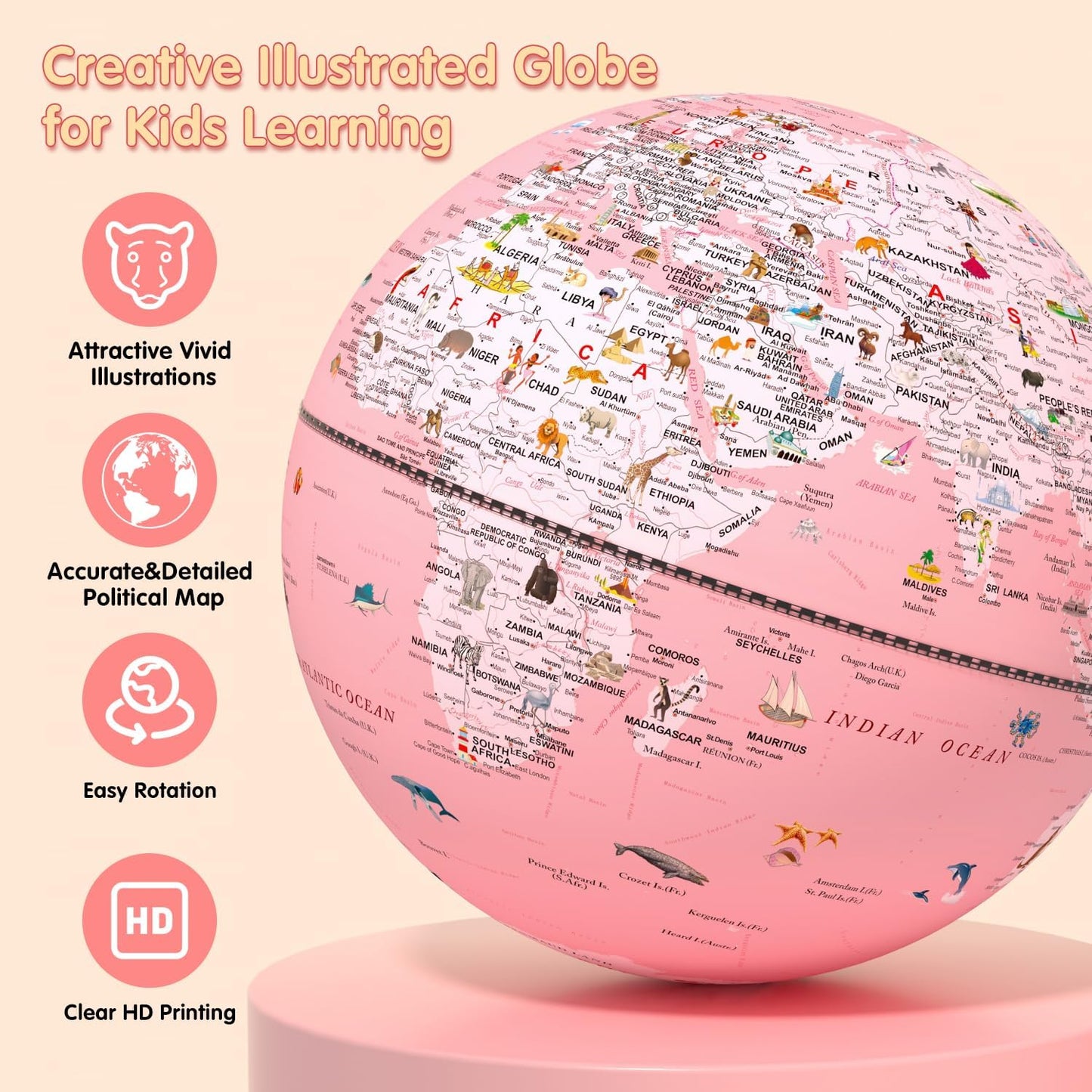 Globe for Kids Illuminated Globes of the World with Stand & Animals Illustrations Earth World Globe Night Light for Kids' Room Decor Classroom Educational Tool Birthday Gift, Dia 8-inch