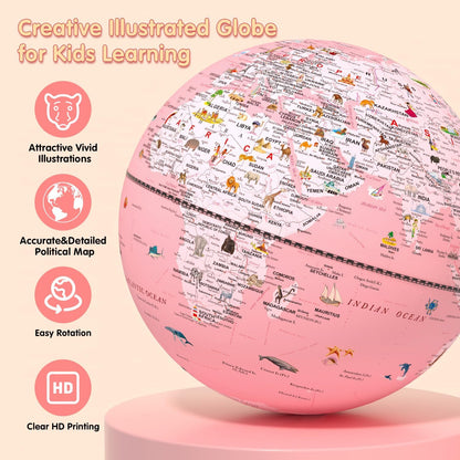 Globe for Kids Illuminated Globes of the World with Stand & Animals Illustrations Earth World Globe Night Light for Kids' Room Decor Classroom Educational Tool Birthday Gift, Dia 8-inch