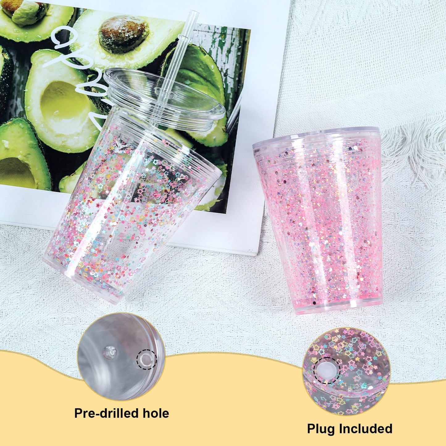 12 Oz Acrylic Kids Snowglobe Tumbler, 8 Pack Pre-Drilled Double Wall Plastic Snow Globe Cup for Glitter Snow Globe Diy