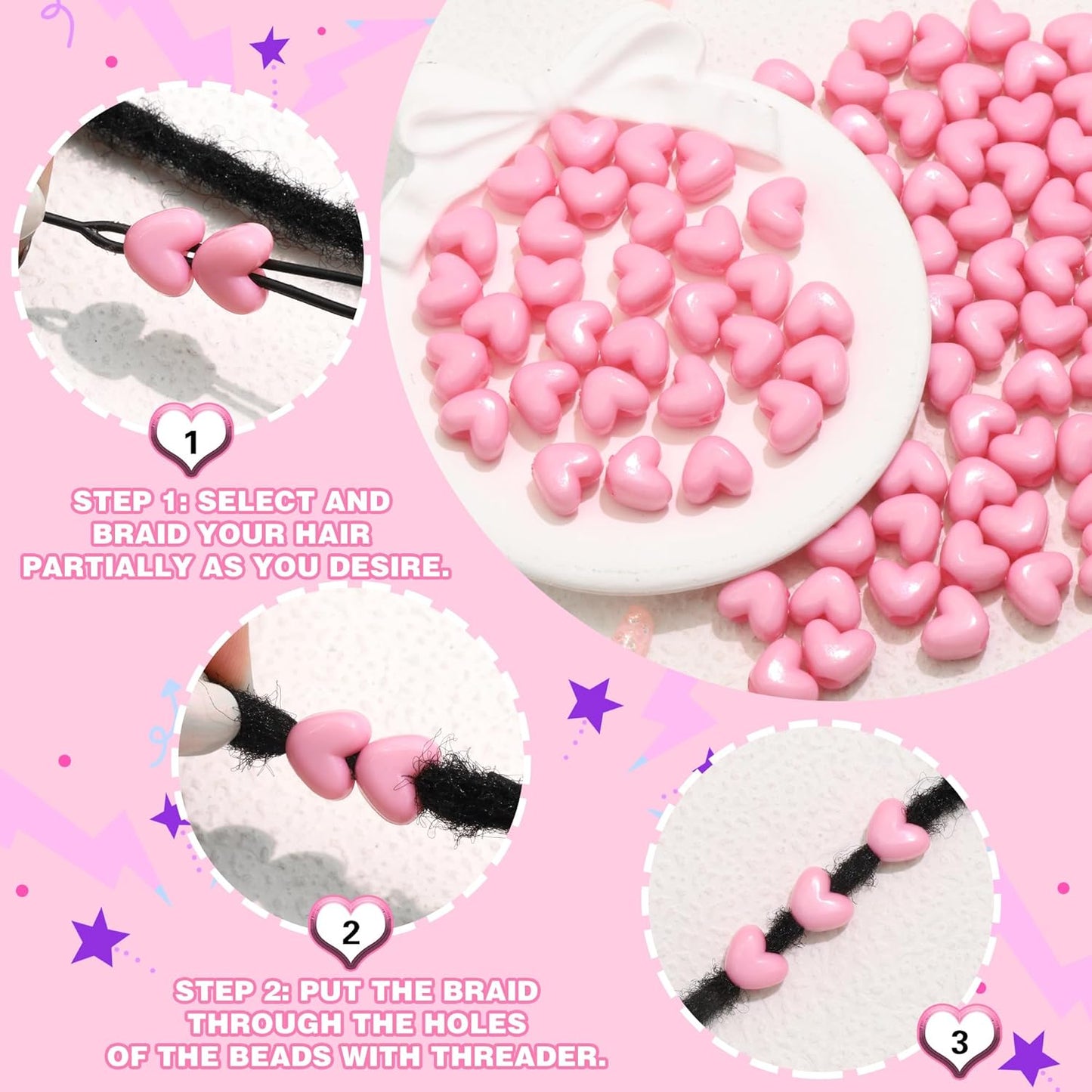 90PCS Light Pink Heart Beads for Braids Hair Jewelry Loc Dreadlock Accessories Cute Heart-Shaped Pony Bead
