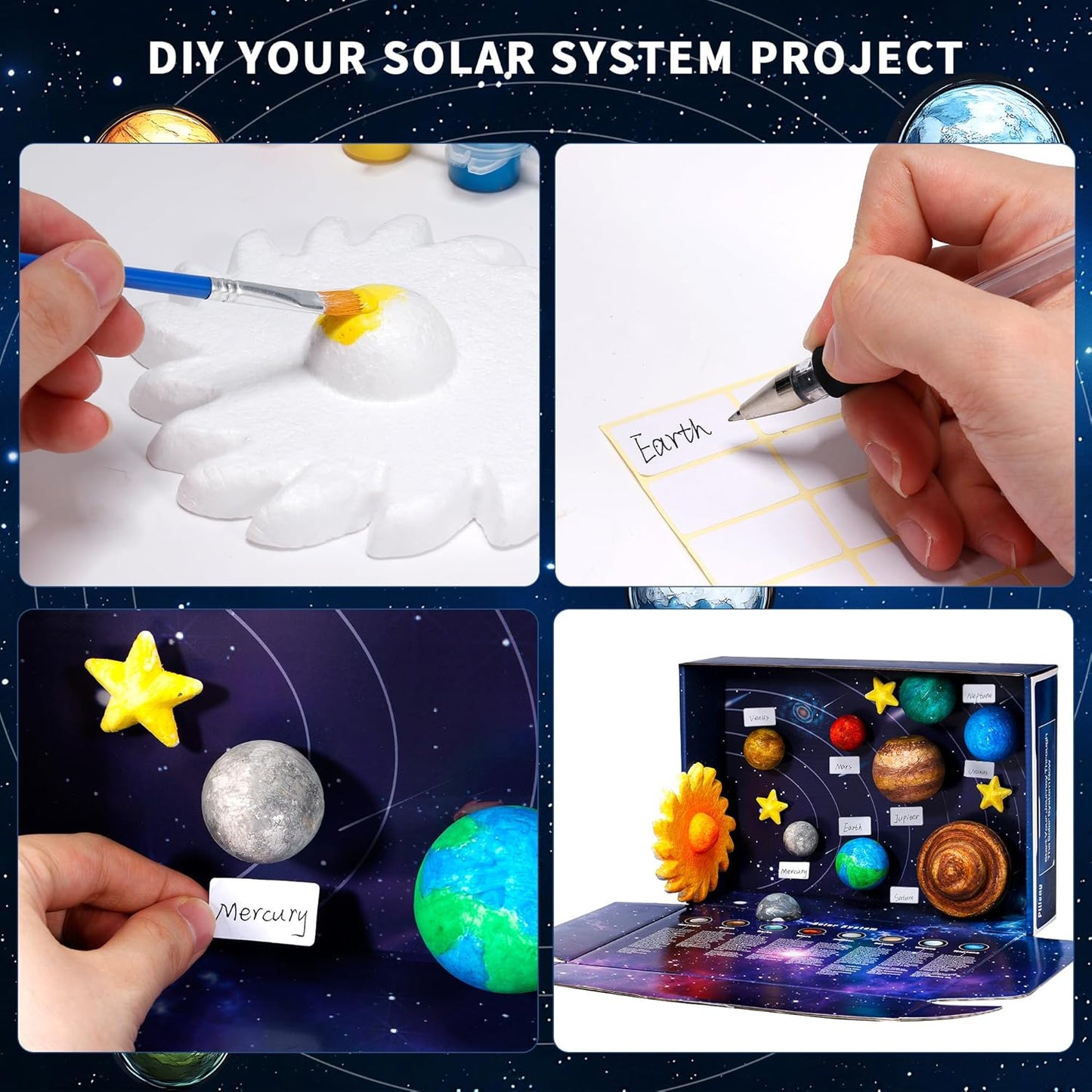 Pllieay 3D Solar System Model Kit, Solar System Kit with Display Box, 17 Mixed Sized Foam Balls, 12 Color Pigments, Brushes, Palette, Educational DIY Planet Toys for School Science Projects