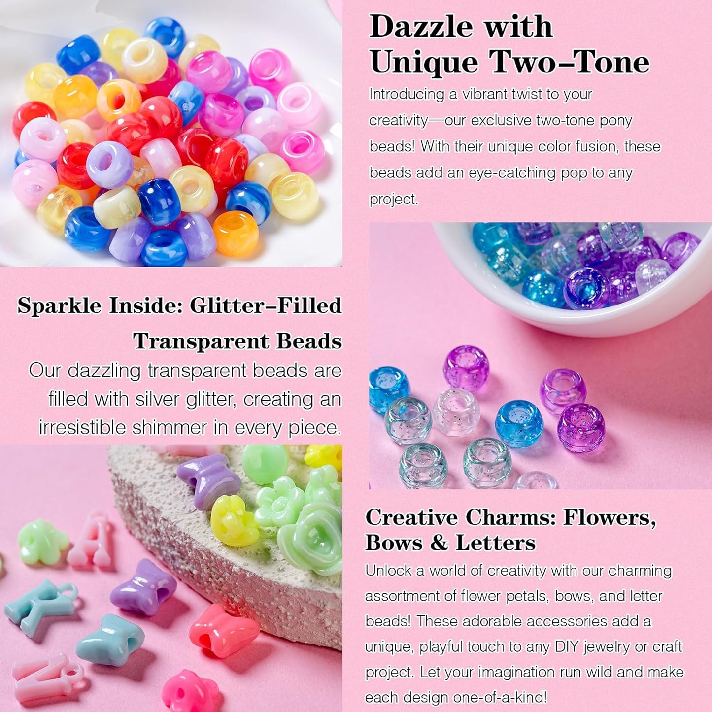 SJZWSD 5 Boxes Bracelet Making Kit Pony Beads, 6x9mm Kandi Rave Beads & Hair Beads Set with UV Color Changing, Glow-in-Dark, Chrome & Alphabet Letters for Friendship Jewelry DIY Crafts