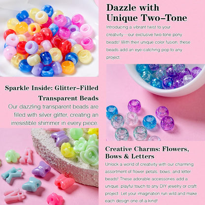 SJZWSD 5 Boxes Bracelet Making Kit Pony Beads, 6x9mm Kandi Rave Beads & Hair Beads Set with UV Color Changing, Glow-in-Dark, Chrome & Alphabet Letters for Friendship Jewelry DIY Crafts