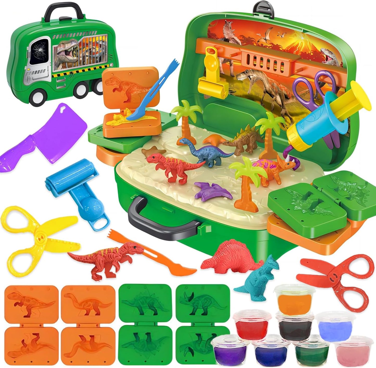 Crelloci Dinosaur Color Dough Set Tools Dino World 26 PCS Playsets Toy Clay Accessaries Dough and Moulds in a Portable Case with Wheels for Kids Toddlers Children