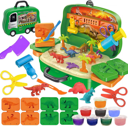 Crelloci Dinosaur Color Dough Set Tools Dino World 26 PCS Playsets Toy Clay Accessaries Dough and Moulds in a Portable Case with Wheels for Kids Toddlers Children