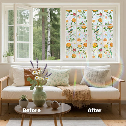 Donox Window Privacy Film Static Cling, Decorative Stained Glass Style Tint, Lotus Pattern with Rainbow Effect for Home and Office, UV Blocking No Glue Removable, 17.5 x 157.4 inches