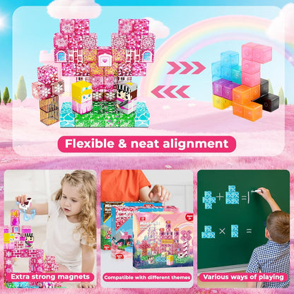 Magnetic Blocks - 100Pcs 0.8in Magnetic Building Block for Kids Ages 4-8, Transparent Magnet Block Blue Princess Castle, Magnet Cubes Tiles Princess Toy for Girl 3 4 5 6 7 8-12 Birthday Gift