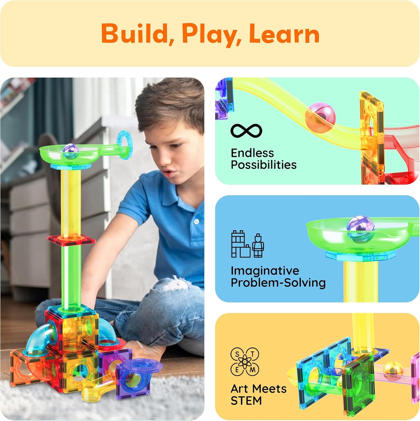 PicassoTiles 50pcs Magnetic Tiles Marble Run for Kids Race Track Toy Marble Maze Sensory Toys for Toddlers STEM Educational Set Magnet Building Blocks Construction Building Tiles Boys Girls 3+ PTG50