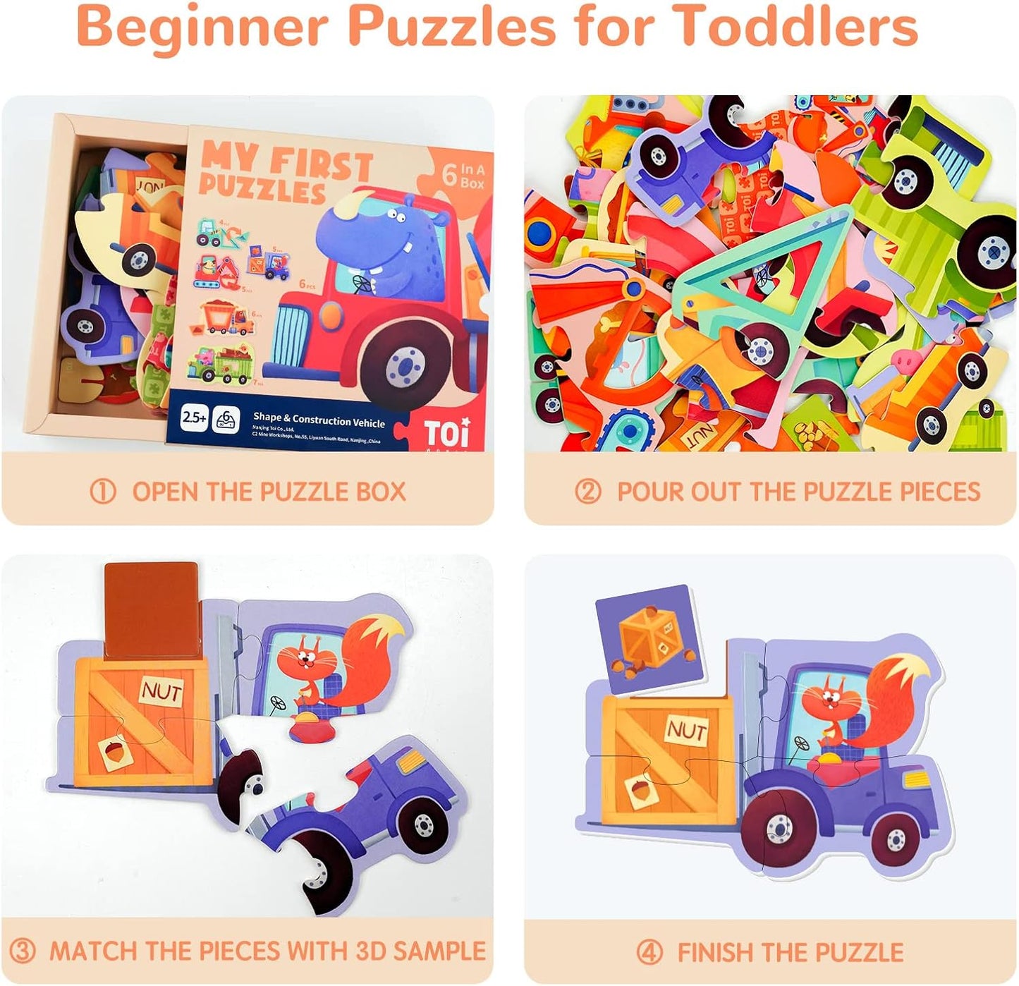 Toi 6 Packs Large Piece Toddler Jigsaw Puzzles for Kids Aged 2.5+, Animal Shaped Floor Puzzles for Beginner, Preschool Learning Game for Boys Girls, Traffic