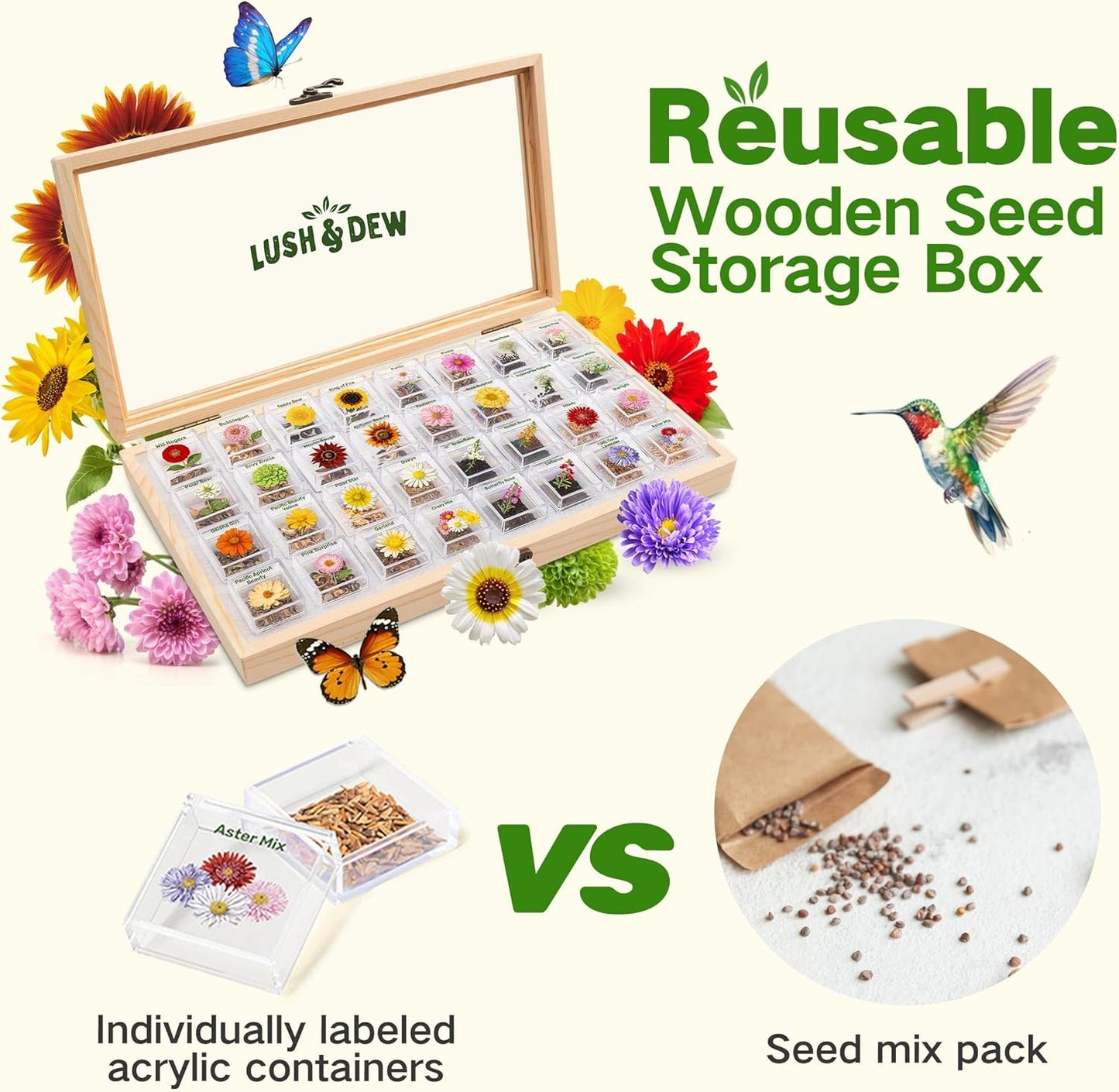 Lush&Dew Ancestral Apothecary Medicinal Tea Herb Seed Chest, 36,000+ Non-GMO Survival Seed Kit, Gardening Gifts for Women Men, 40 Types Heirloom Garden Seeds for Planting Herbs, Raised Bed Windowsill