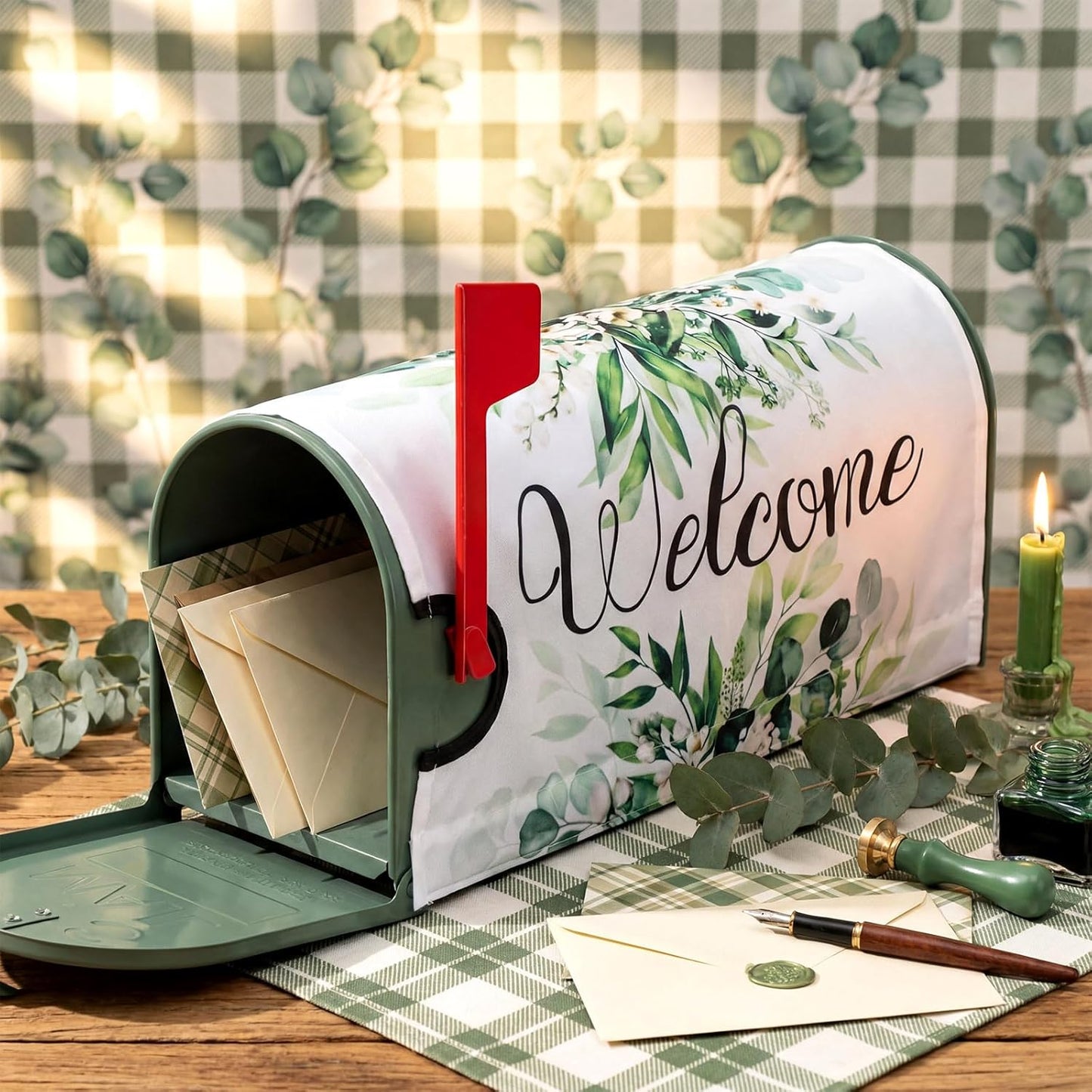 Tiamon Monogrammed L Mailbox Covers Magnetic Eucalyptus Welcome Letter Box Wrap Standard Size 21x18 Inch Spring Summer Leaves Mailbox Decor Eucalyptus Letter Numbers Decoration for Outdoor Garden Yard