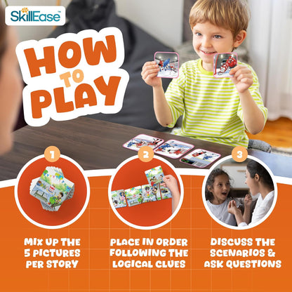 SkillEase Story Cues Skilled Sequencing Cards, Speech Therapy Materials, Social Skills Game, English Language Learners Games, Storytelling Cards, Sentence Building and Picture Cards