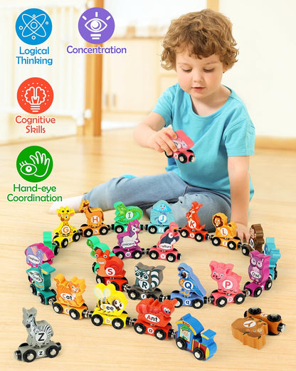 Helsort 27 PCS Magnetic Wooden Alphabet Train Set, ABC Learning Toy with 42 Flash Cards, 1 Engine and Storage Bag, Educational Letter Toy Trains for Toddlers, Boys Girls, Ideal Gift for 3-7 Year Olds