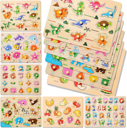 LOYUEGIYO 6PCS Toddler Wooden Peg Puzzle Toys for Age 2-4 3-5 Year Old Boys Girls,Educational Learning Sensory Toy,Puzzles for Toddlers Kids,Dinosaur&Ocean&Alphabet&Number Shape&Animal&Fruit Puzzles