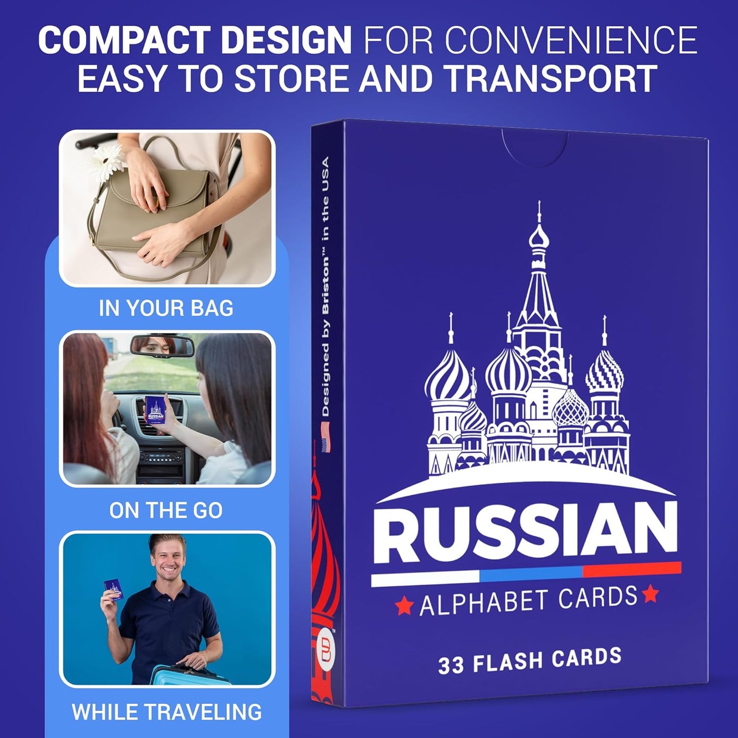 Briston Russian Alphabet Flash Cards – Learn Cyrillic Letters with Pronunciation & Transliteration – Educational Language Learning Flashcards for Kids & Adults, 33 Cards + Alphabet Chart
