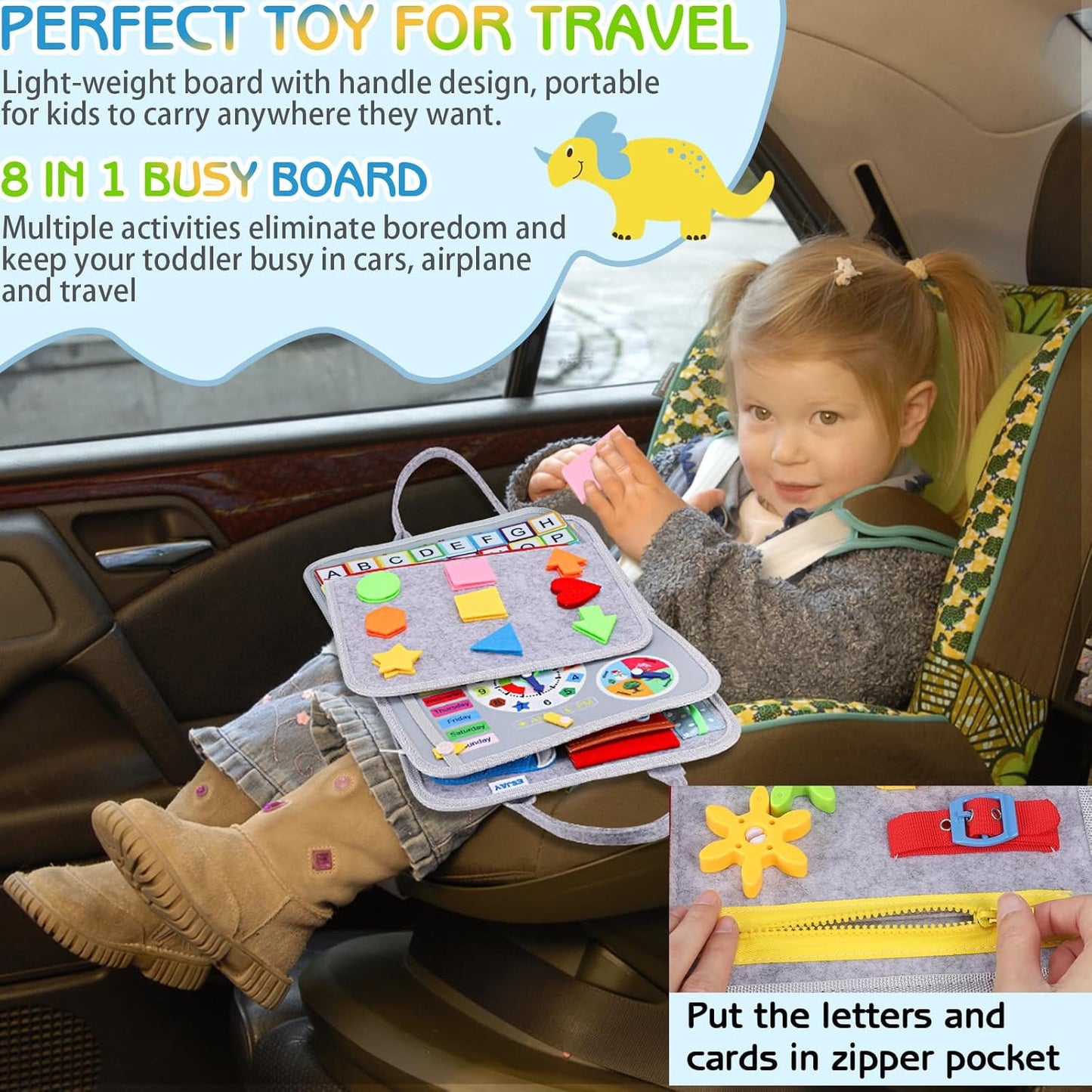 Esjay Toddler Busy Board Montessori Toys for Boys Girls, Sensory Book Educational Activities for Learning Fine Motor Skills, Birthday Gifts for Toddlers, Travel Toys for Airplane Car, White Dinosaur