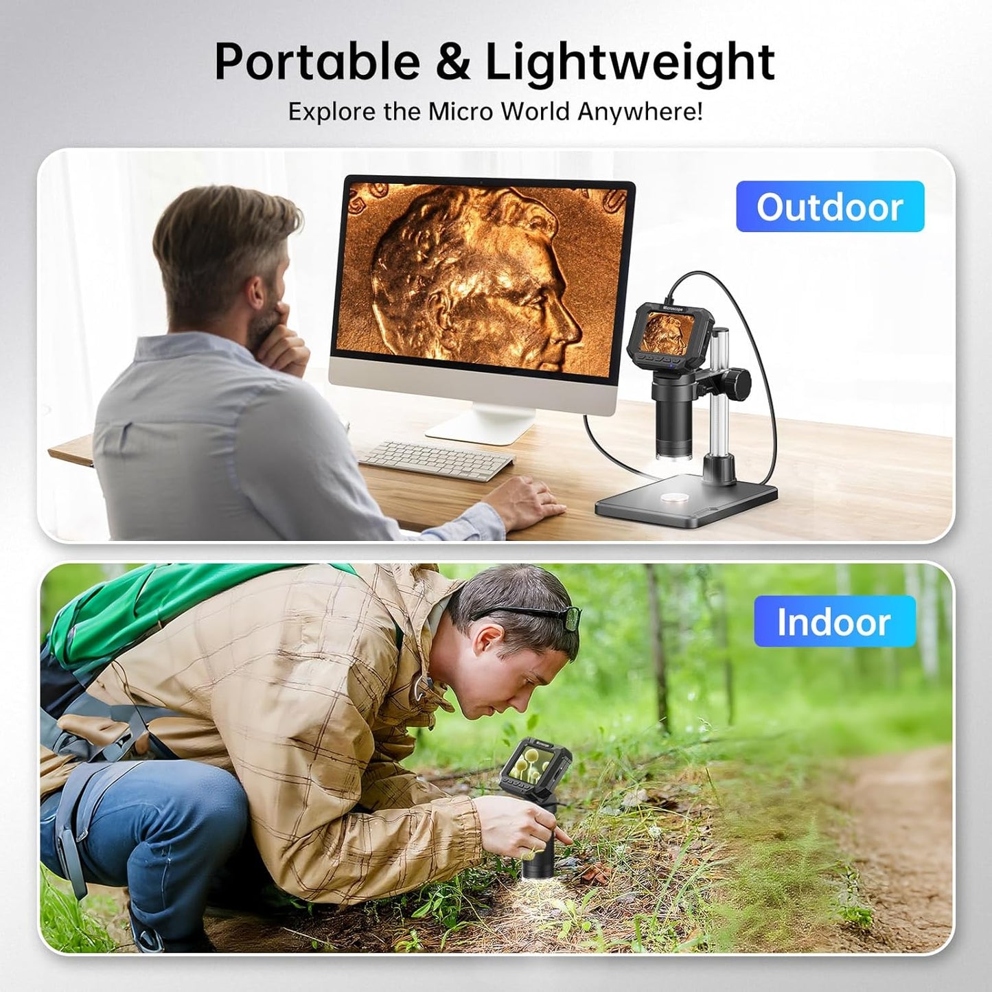 4.3" Coin Microscope for Error Coins (Detail View Only), 1000X Digital LCD Magnifier with Anti-Glare Side Lights, 1080P USB PC View (Win/Mac), Rechargeable Scope for Numismatic Grading