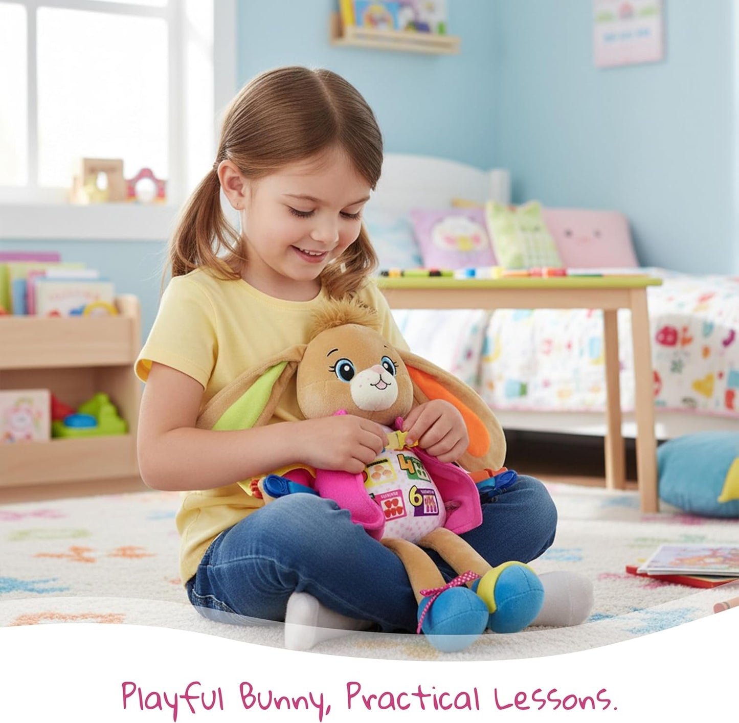 June Garden 16" Dressy Friends Bunnie - Educational Stuffed Plush Doll for Kids and Toddlers 2 Years and Up - Montessori Soft Toy Doll