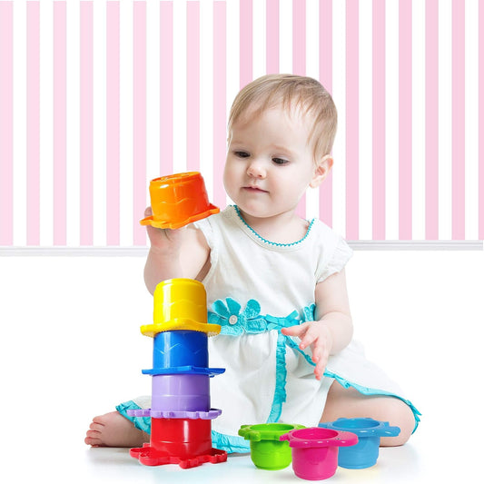 Baby Bath Stacking Cups – 8-Piece Montessori Beach & Bathtub Toy Set for Toddlers – BPA-Free, Easy-Drain, Educational Water Toy for Kids Ages 18 Months+ by Extasticks®