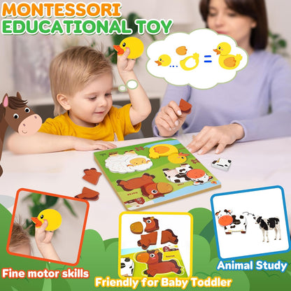 Farm Animal Wooden Puzzle for Toddlers 1-3, Sensory Montessori Toy Classroom Preschool Learning Activities Educational Toy Valentine Gift for Girl 3-5, Boy 2 3 4 5 Year Old Baby Easter Basket Stuffer
