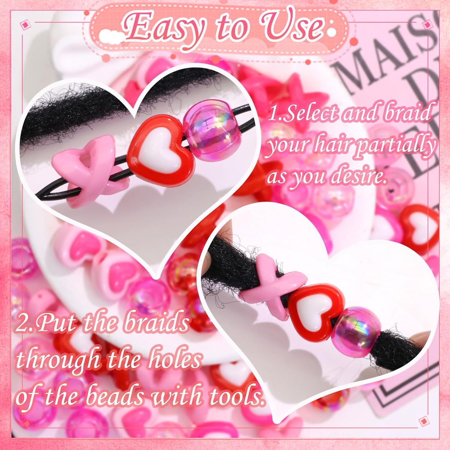 60PCS Pink White Hair Beads for Braids Three Styles Cute Loc Beads Heart Shape Bead for Kids Dreadlock AB Color Round Pony Bead Accessories
