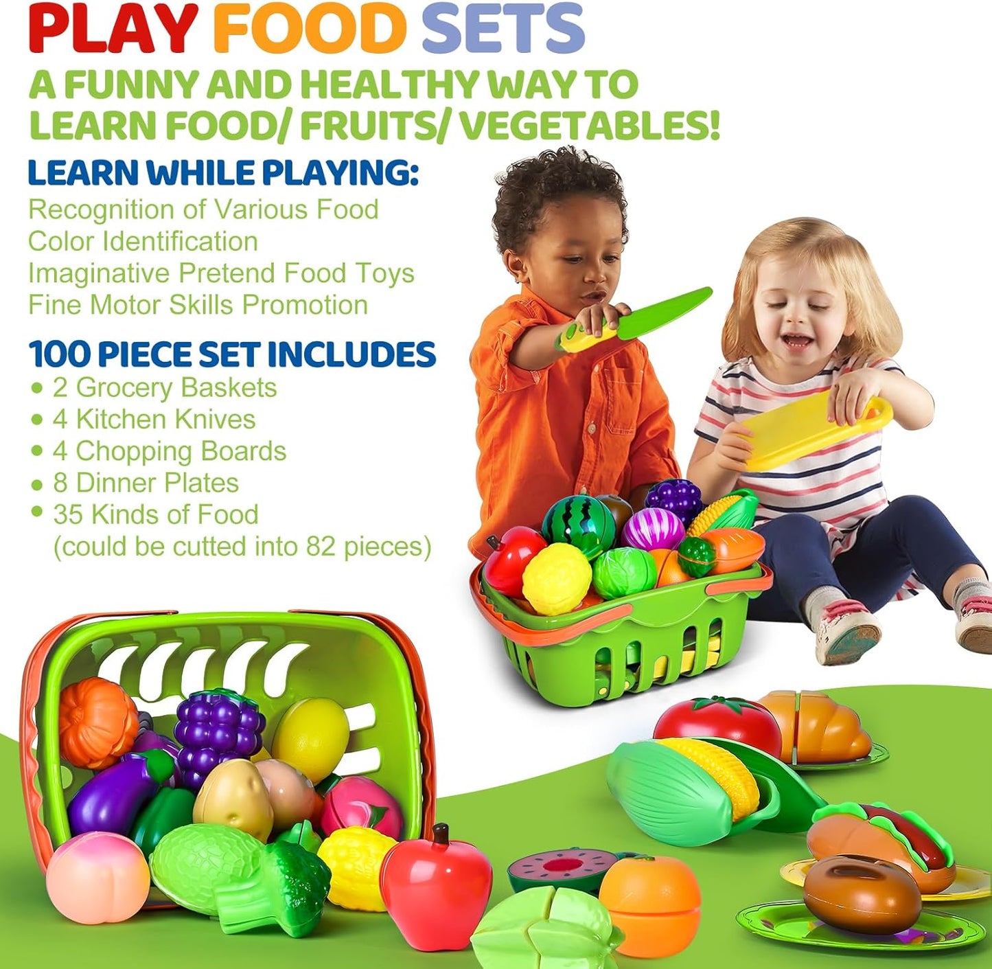 100 PCS Cutting Play Food Toy for Kids Kitchen, Pretend Food Toys for Toddlers, Play Kitchen Toys Accessories with 2 Baskets, Fake Food/Fruit/Vegetable, Birthday Gifts for 3 4 5 Years Old Boys Girls