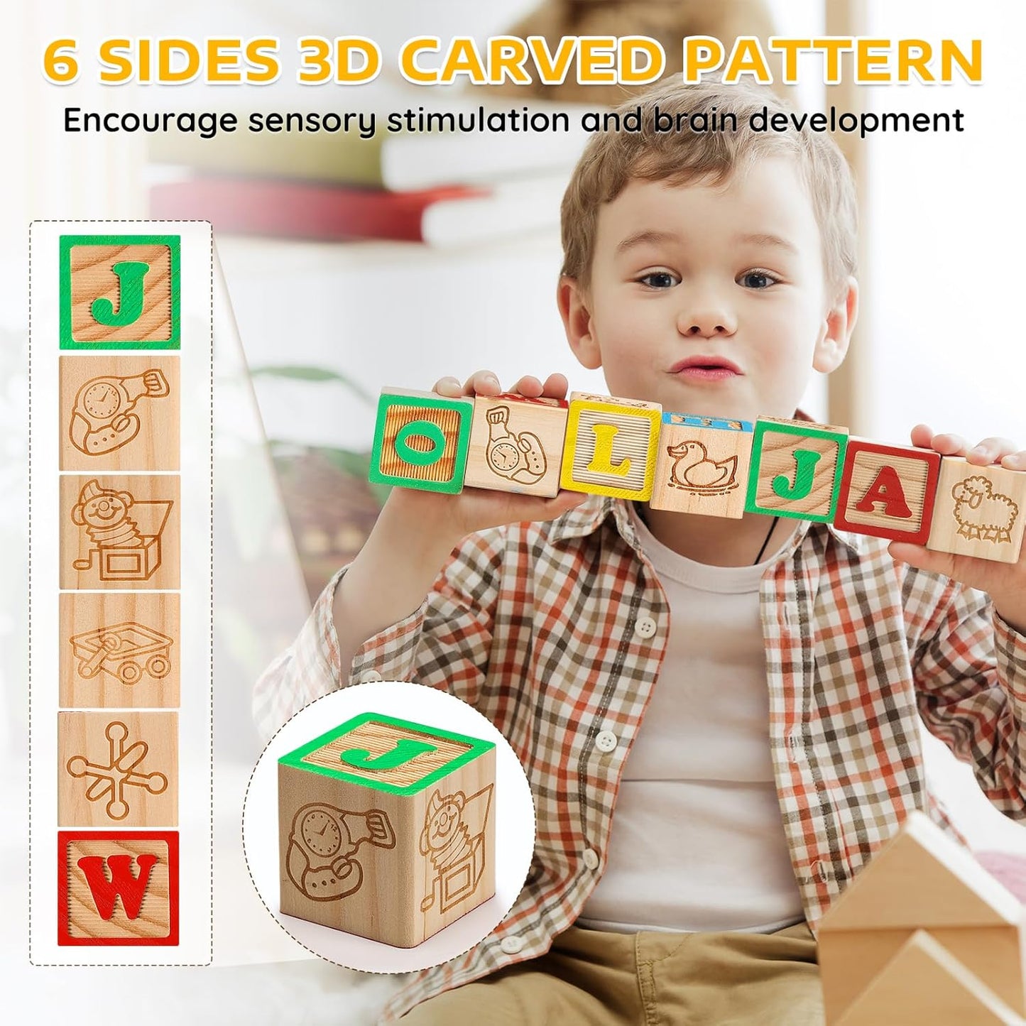 SainSmart Jr. Wooden Alphabet Blocks 1.73 Inch, 30Pcs Building Blocks Including Letters, Numbers and Animals, Montessori Wooden Blocks for Preschool Toddlers