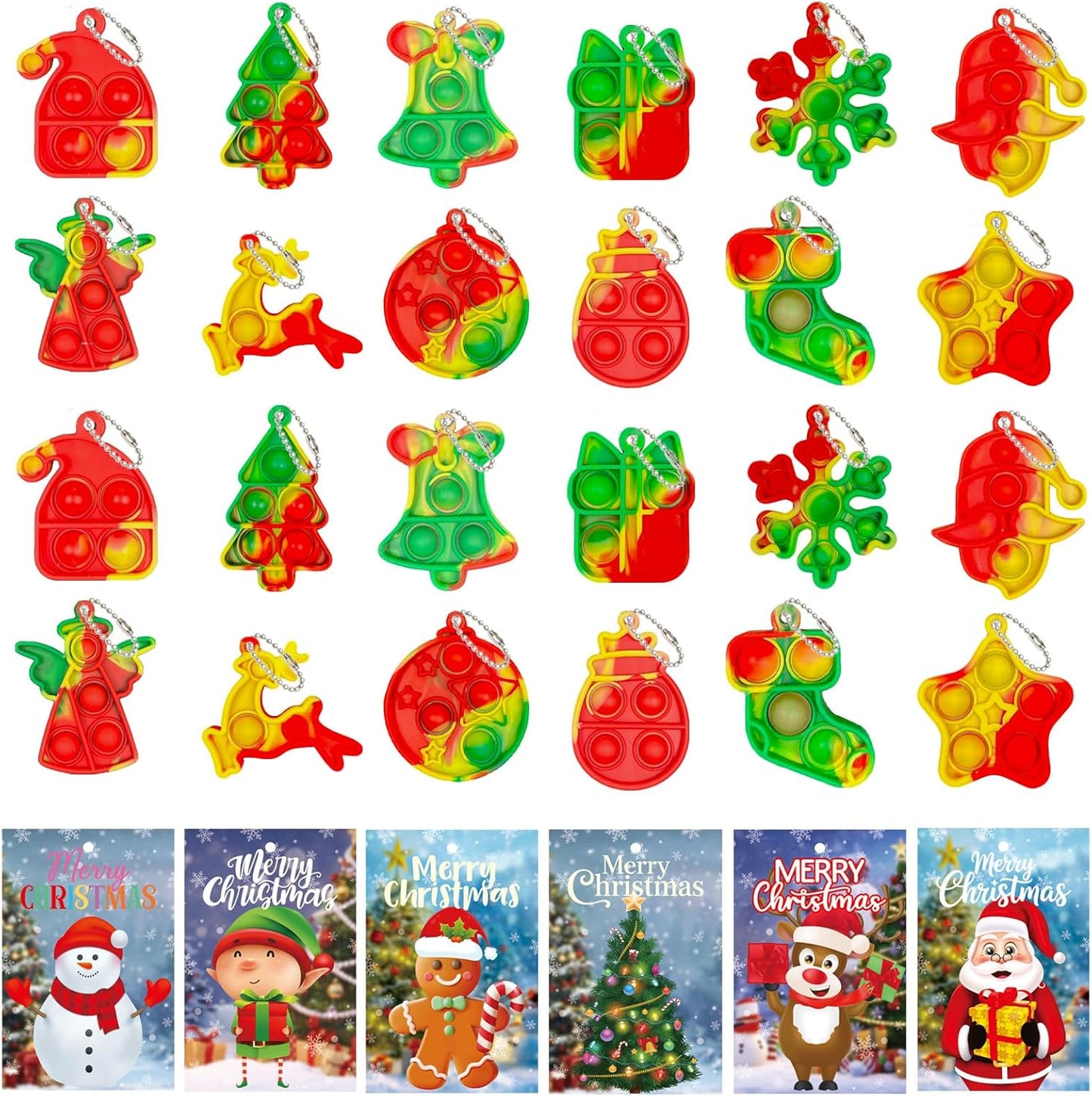 YQUQWN 24PCS Christmas Mini Pop Keychain Fidget Toys with 24 Holiday Cards, Mini Silicone Pop Toys Bulk for Kids Party Favors Christmas Toys Classroom Gift