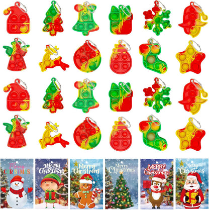 YQUQWN 24PCS Christmas Mini Pop Keychain Fidget Toys with 24 Holiday Cards, Mini Silicone Pop Toys Bulk for Kids Party Favors Christmas Toys Classroom Gift