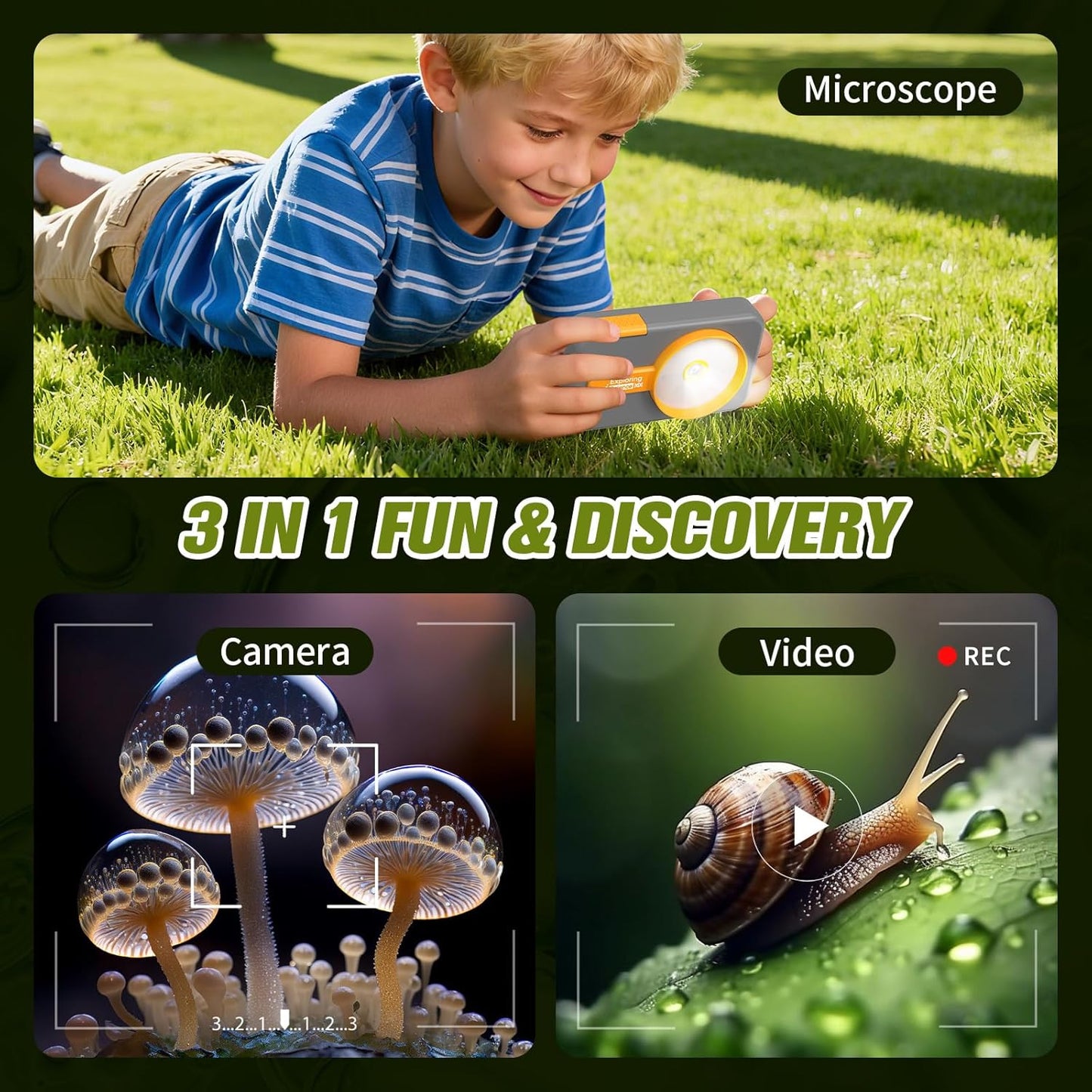 1200X Camera Microscope for Kids with 2 inch Screen STEM Rechargeable Digital Science Kit Handheld Zoom with Photo and Video Gift for Ages 6-12 (Grey)