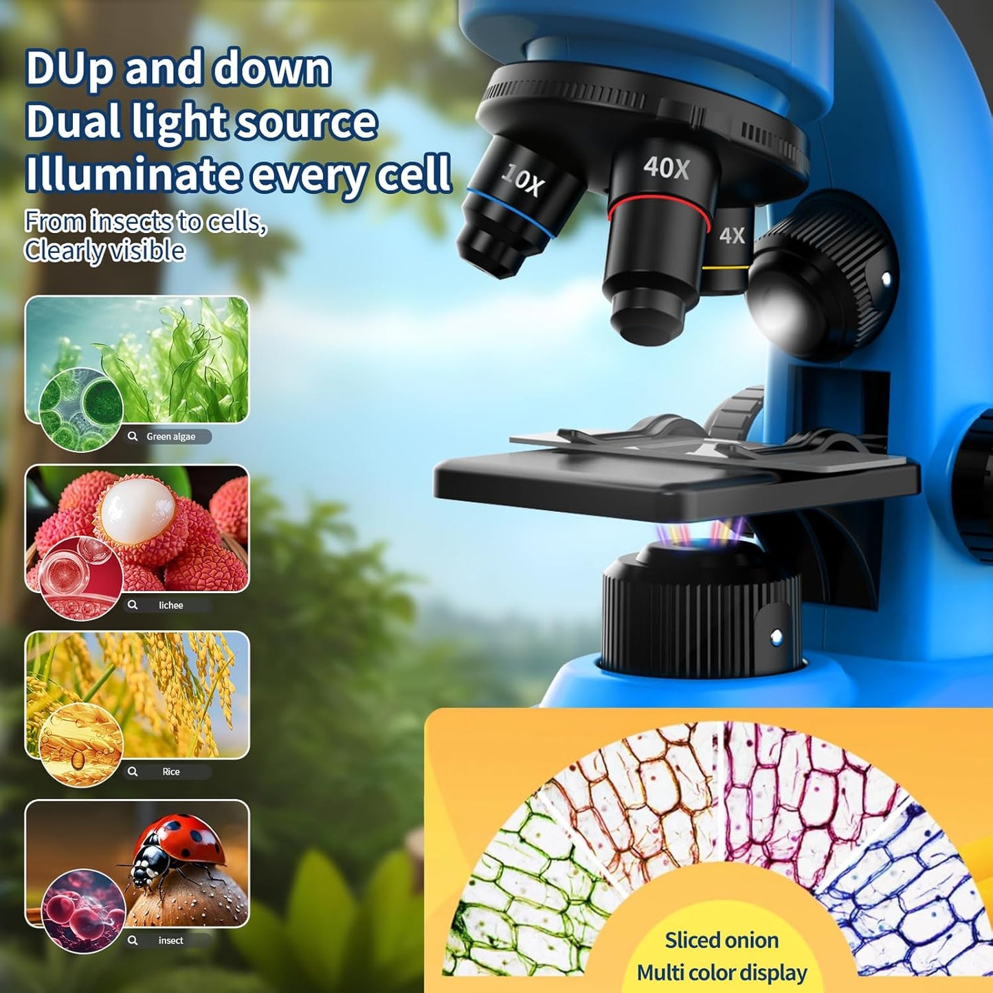 Microscope for Kids Scientific Experiment Kit 40X-1600X Magnification LED Light Educational STEM Kit with Slides and Lab Tools (Blue)