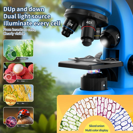 Microscope for Kids Scientific Experiment Kit 40X-1600X Magnification LED Light Educational STEM Kit with Slides and Lab Tools (Blue)