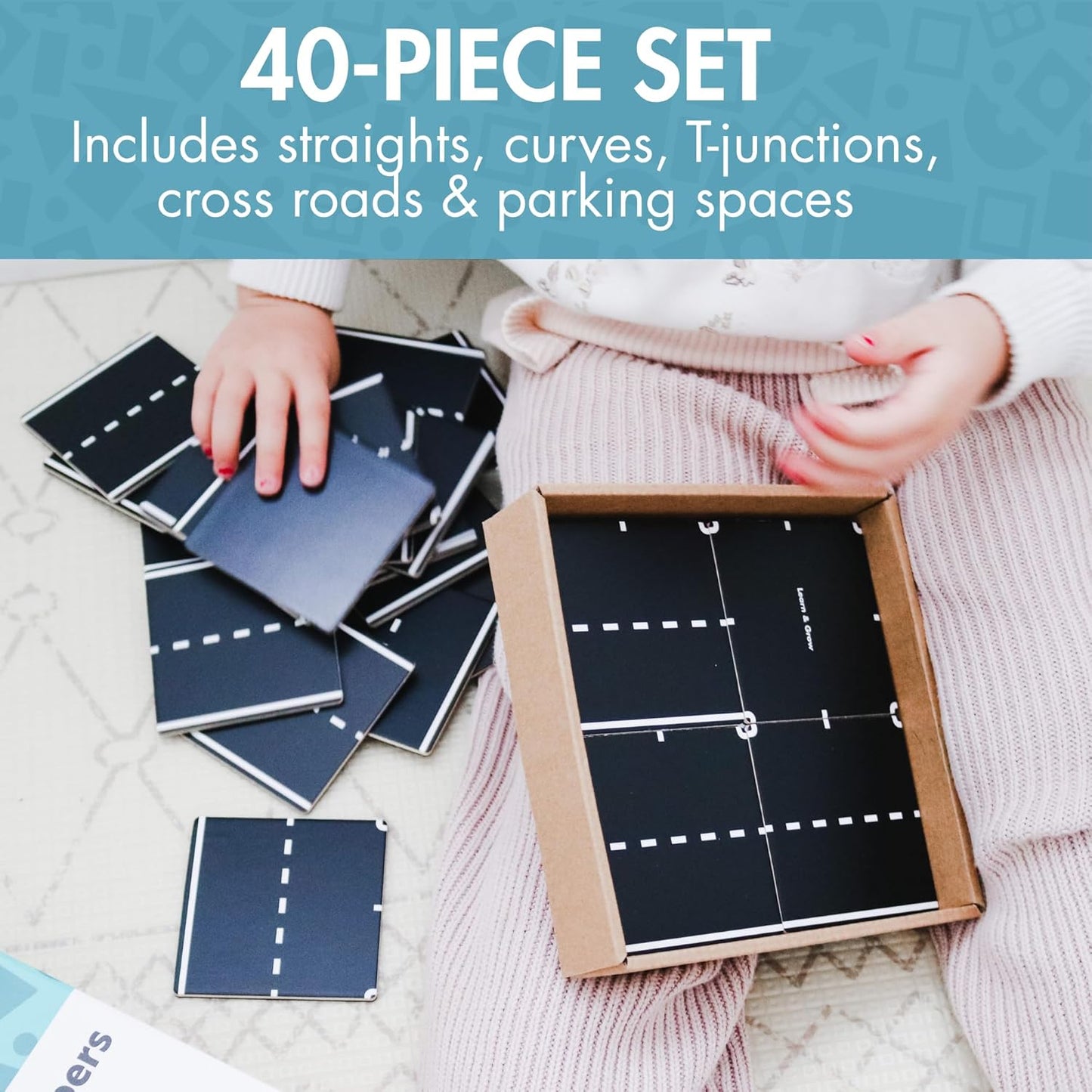 Learn & Grow Magnetic Tiles Road Expansion Pack - 40PCs Road Toppers Set for Cars, STEM Learning & Building Toy - Magnetic Tile Accessories for Kids 3+, Toddler - Add Car Roads to Any Magnet Tiles Set