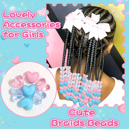 90PCS Heart Hair Beads for Braids Blue Pink Loc Dreadlock Valentine's Day Bead Accessories Purple Cute Acrylic Heart Shape Beads for Kids Girls
