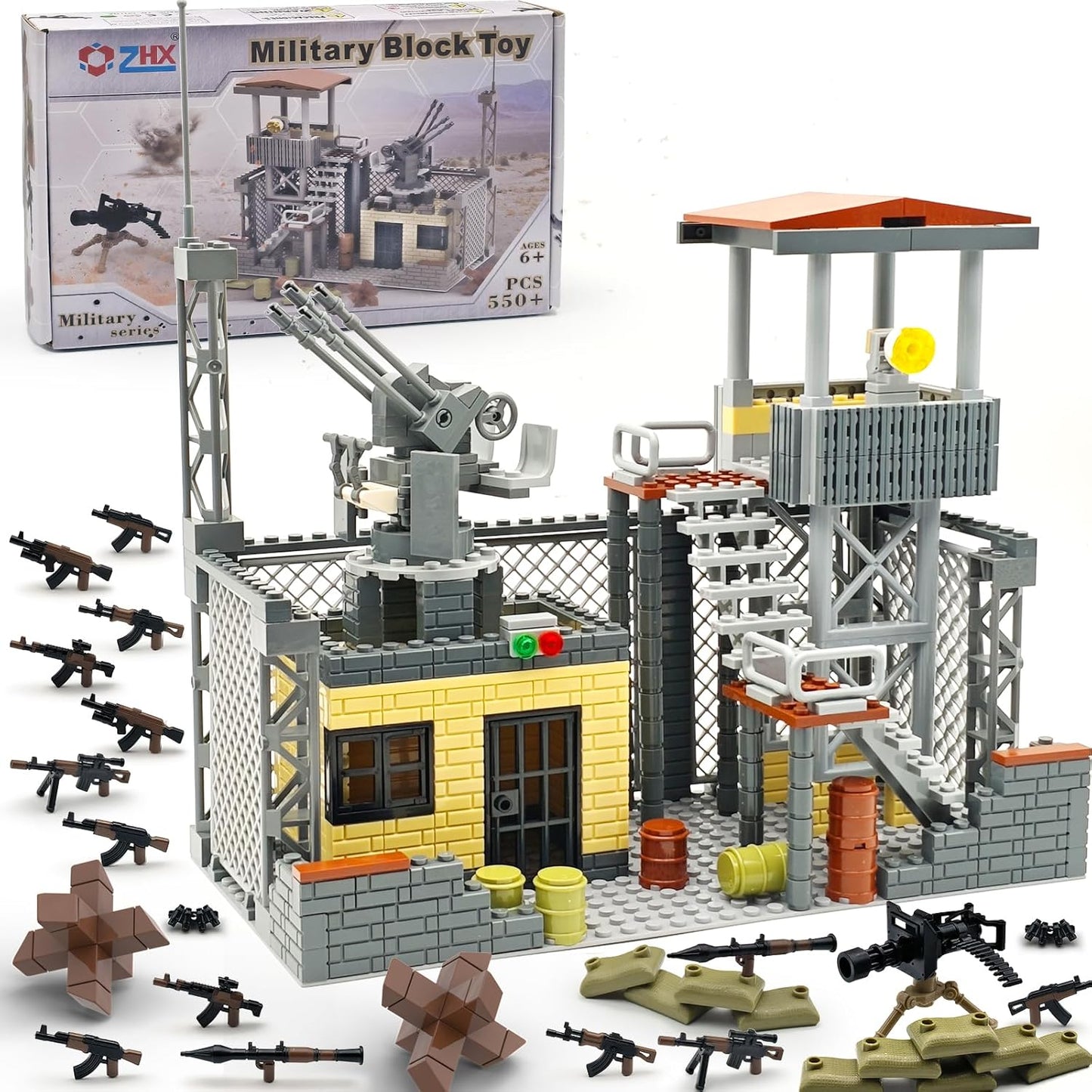 ZHX Military Base Building Block Sets - 550pcs, War Defence Base with Guard Tower, Prison and Air Defence Gun, WW2 Army Military Weapon Pack Accessories Kits Brick Toy for Kids