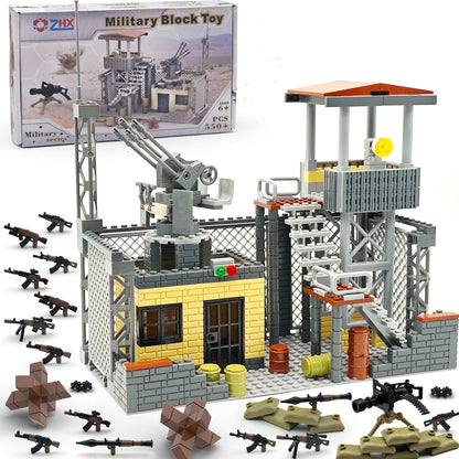 ZHX Military Base Building Block Sets - 550pcs, War Defence Base with Guard Tower, Prison and Air Defence Gun, WW2 Army Military Weapon Pack Accessories Kits Brick Toy for Kids