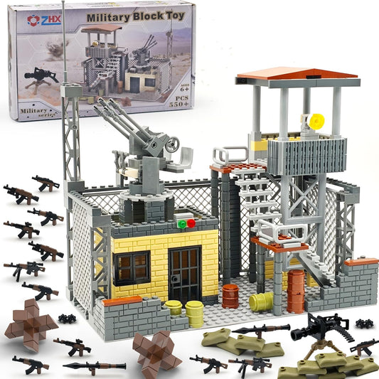 ZHX Military Base Building Block Sets - 550pcs, War Defence Base with Guard Tower, Prison and Air Defence Gun, WW2 Army Military Weapon Pack Accessories Kits Brick Toy for Kids