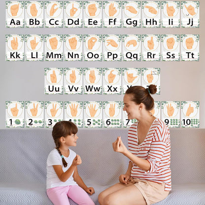 36PCS Eucalyptus ASL Alphabet Line Bulletin Board Set ABC Number Sign Language Flash Cards Alphabet Posters Learning American Sign Language Poster Classroom Wall Decor for Pre-School Home Toddler Kids